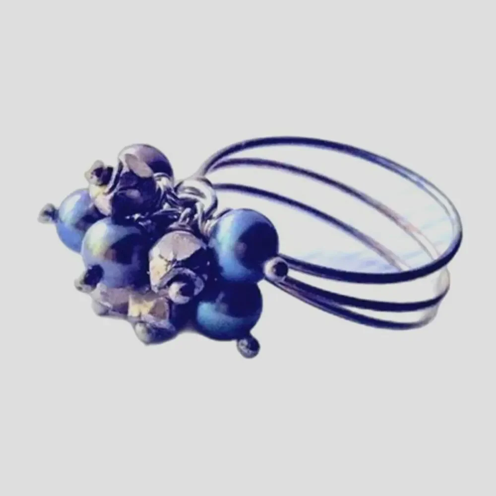 Freshwater Pearl Cluster Ring Beaded Wire Multi-band Boho Beachy Coastal Blue